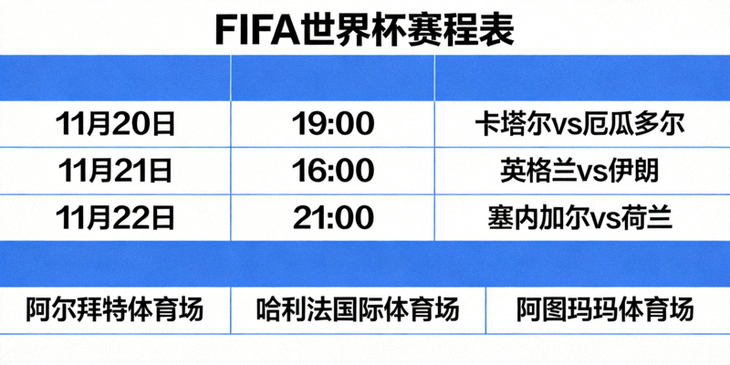 FIFA世界杯赛程表展示 - 最新比赛时间与对阵信息